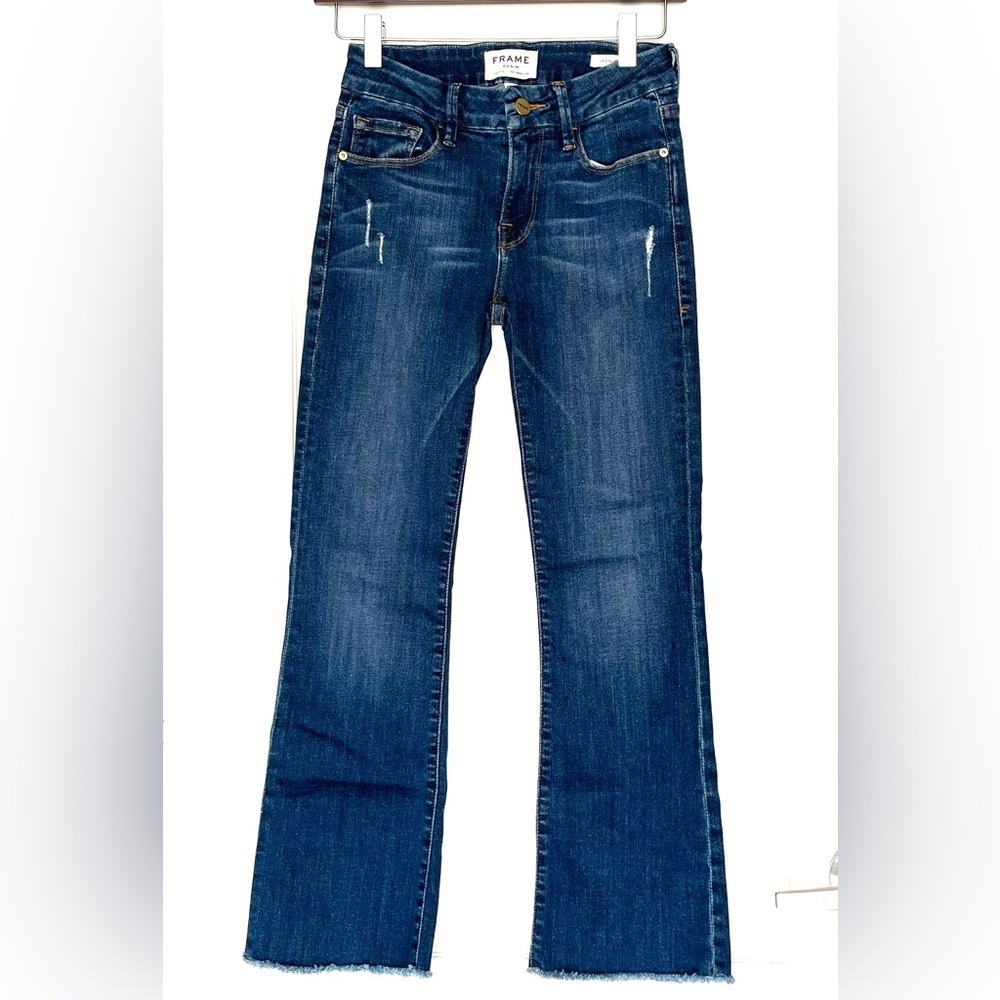 FRAME Denim Le Crop Mini Boot Jeans 24 Raw Hem Dark Wash Mid Rise Designer Flare